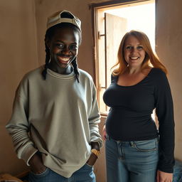 In a poor room in Africa with an open window, a 30-year-old African woman exudes a wicked demeanor while standing with her hands in her sweatshirt pockets