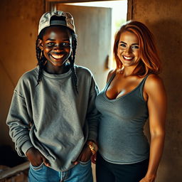 In a poor room in Africa with an open window, a 30-year-old African woman exudes a wicked demeanor while standing with her hands in her sweatshirt pockets