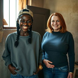 In a poor room in Africa with an open window, a 30-year-old African woman exudes a wicked demeanor while standing with her hands in her sweatshirt pockets