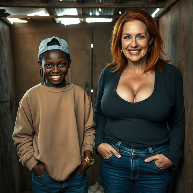 Inside a rundown shack in Africa, a 30-year-old African woman presents a malevolent demeanor while standing with her hands in her sweatshirt pockets