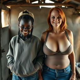 Inside a rundown shack in Africa, a 30-year-old African woman with a malevolent appearance stands with her hands in her sweatshirt pockets