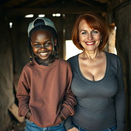 Inside a rundown shack in Africa, a 30-year-old African woman with a malevolent appearance stands with her hands in her sweatshirt pockets