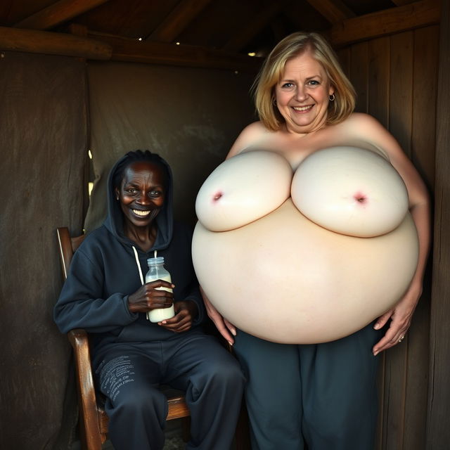 Inside a poor cabin in an African village, a sinister and malnourished 35-year-old African woman sits in a chair, holding a milk bottle
