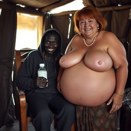 Inside a poor cabin in an African village, a sinister and malnourished 30-year-old African woman with very dark skin sits in a chair, holding a milk bottle