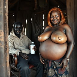 Inside a poor cabin in an African village, a sinister and malnourished 30-year-old African woman with very dark skin sits in a chair, holding a milk bottle