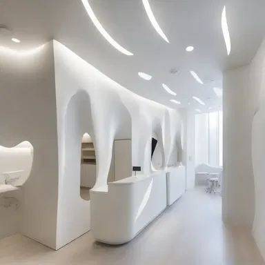 The modern dental clinic featured an innovative design that showcased the use of natural light and incorporated a striking display of malposed tooth sculptures.