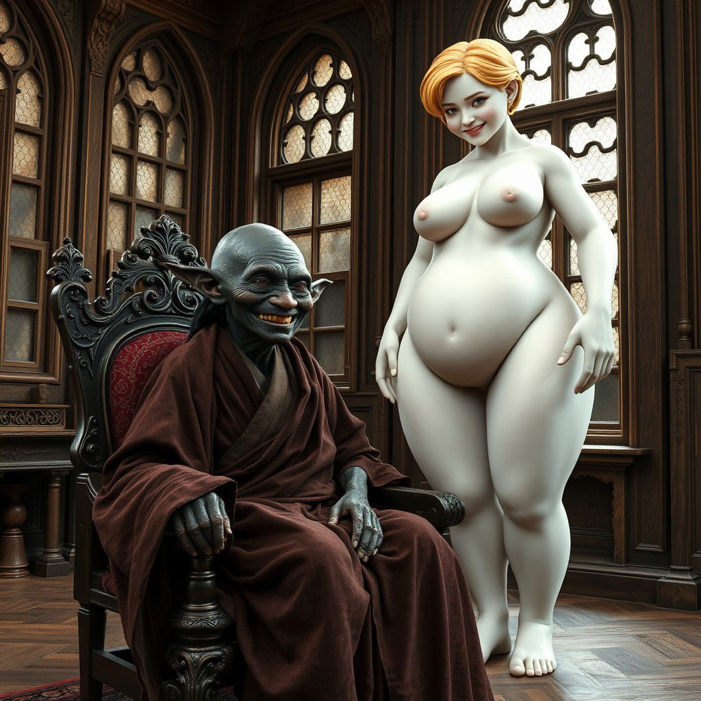 In a richly decorated medieval room with ancient windows, an elderly female goblin, appearing around 40 years old, sits in an ornate medieval chair