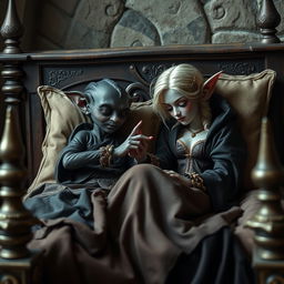 Em um palácio medieval, duas figuras estão deitadas em uma cama antiga, cercadas por elementos decorativos luxuosos