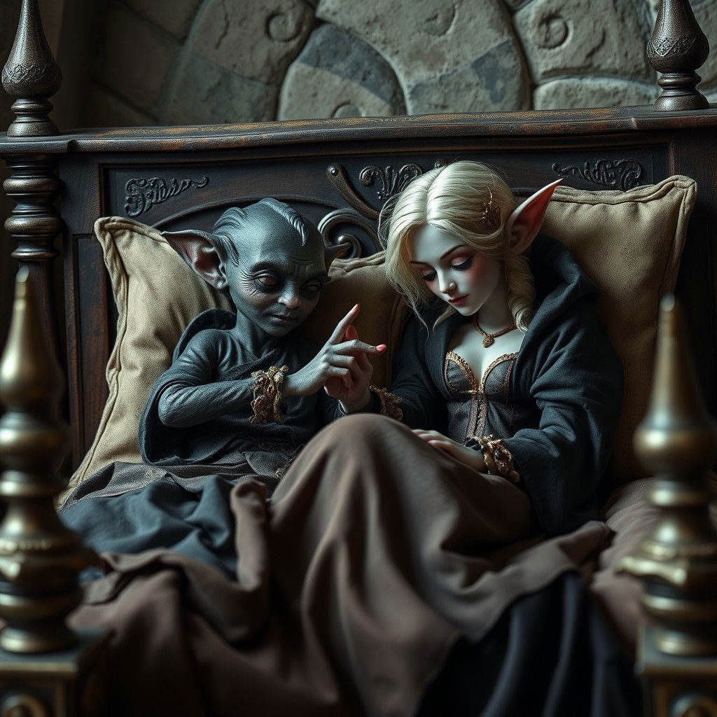 Em um palácio medieval, duas figuras estão deitadas em uma cama antiga, cercadas por elementos decorativos luxuosos