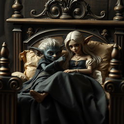 Em um palácio medieval, duas figuras estão deitadas em uma cama antiga, cercadas por elementos decorativos luxuosos