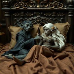 Em um palácio medieval, duas figuras estão deitadas em uma cama antiga, cercadas por elementos decorativos luxuosos