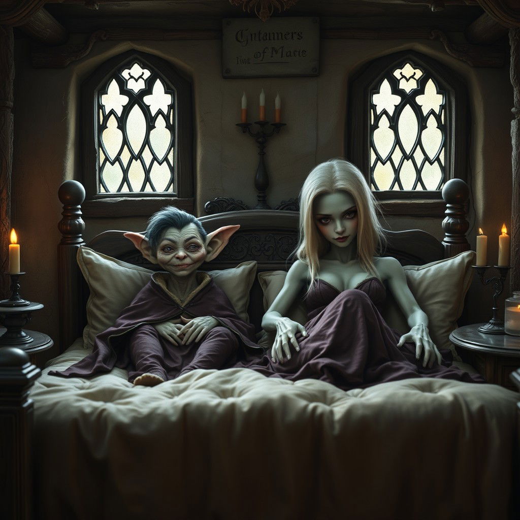 Em um quarto medieval, duas figuras estão deitadas em uma cama de casal, cercadas por janelas antigas que emolduram a cena