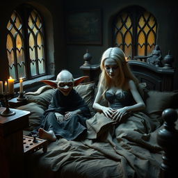 Em um quarto medieval, duas figuras estão deitadas em uma cama de casal, cercadas por janelas antigas que emolduram a cena