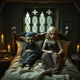 Em um quarto medieval, duas figuras estão deitadas em uma cama de casal, cercadas por janelas antigas que emolduram a cena