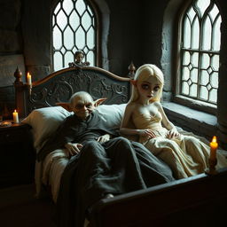 Em um quarto medieval, duas figuras estão deitadas em uma cama de casal, cercadas por janelas antigas que emolduram a cena