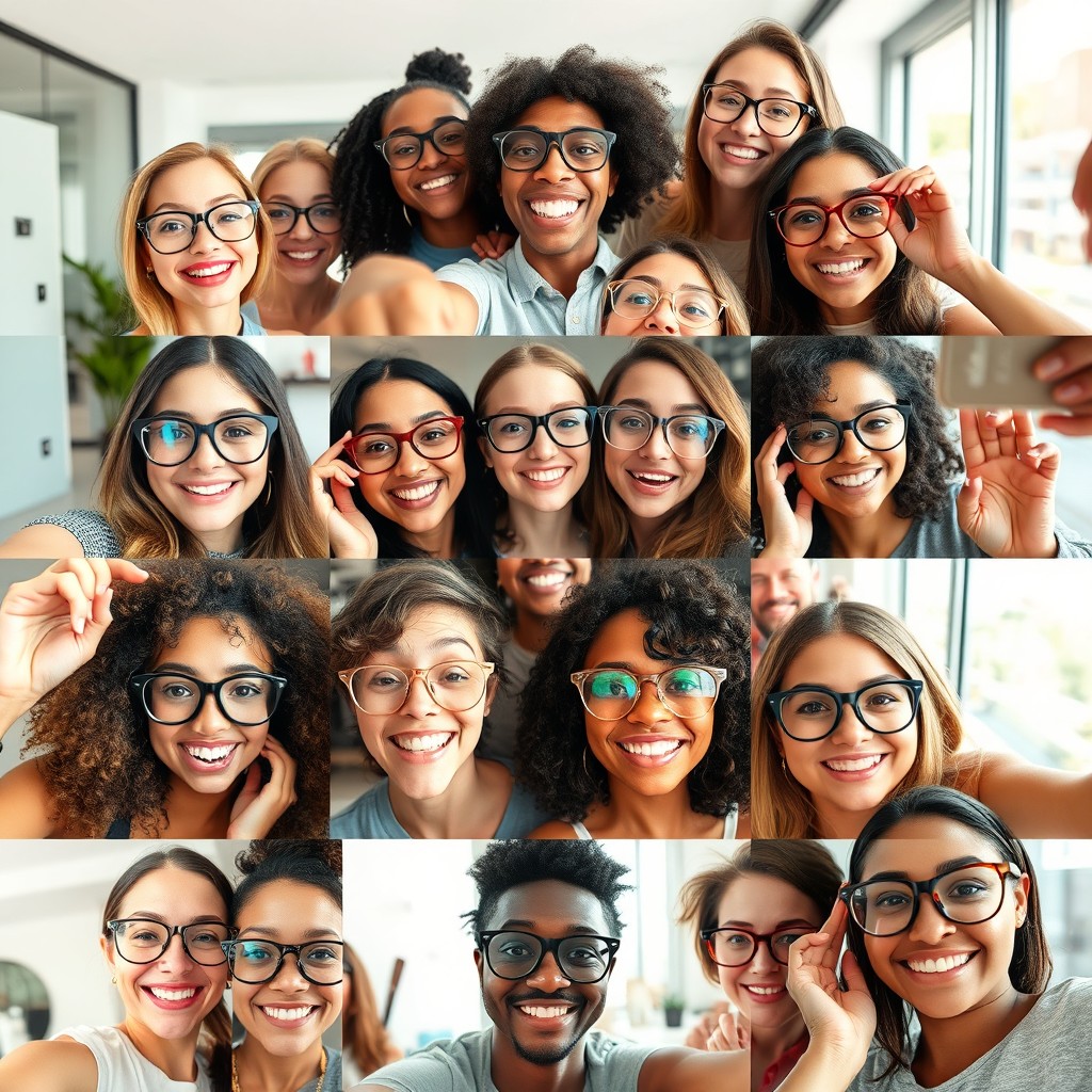 A collection of diverse individuals taking selfies while trying on different styles of eyeglasses