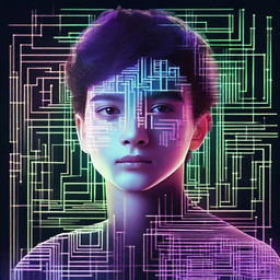 A digital illustration of a teenage boy made of techno-digital elements. His features subtly glow with neon lights, symbolising his AI identity against a backdrop of binary code.