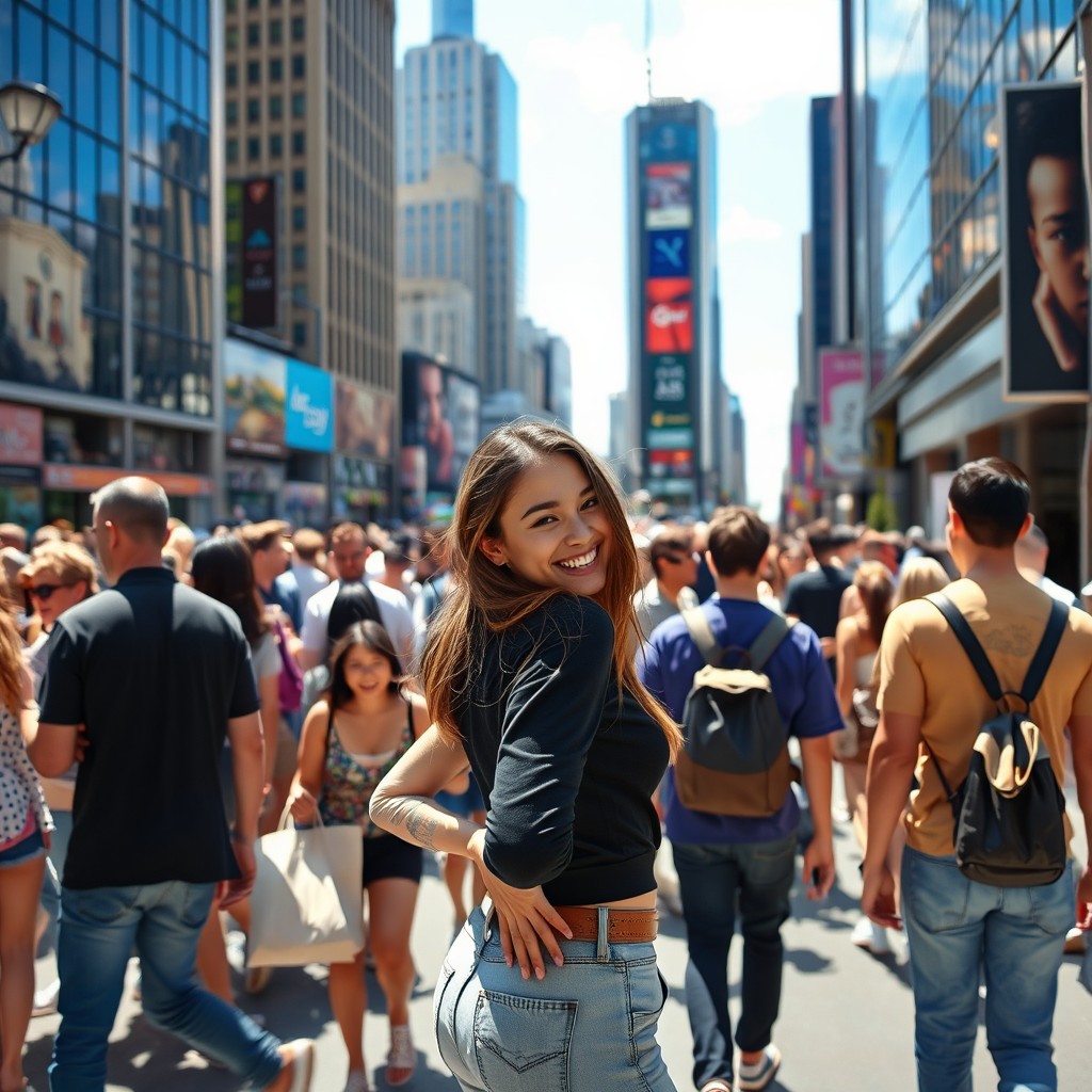 A crowded urban area with people walking and socializing, showcasing a girl playfully touching her own backside