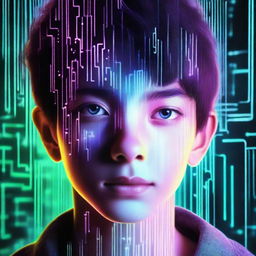 A digital illustration of a teenage boy made of techno-digital elements. His features subtly glow with neon lights, symbolising his AI identity against a backdrop of binary code.