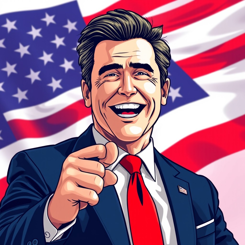 A dynamic and expressive portrait illustration of a man with a confident smile, styled as a political leader, wearing a tailored navy suit with a bright red tie, against a backdrop of an American flag