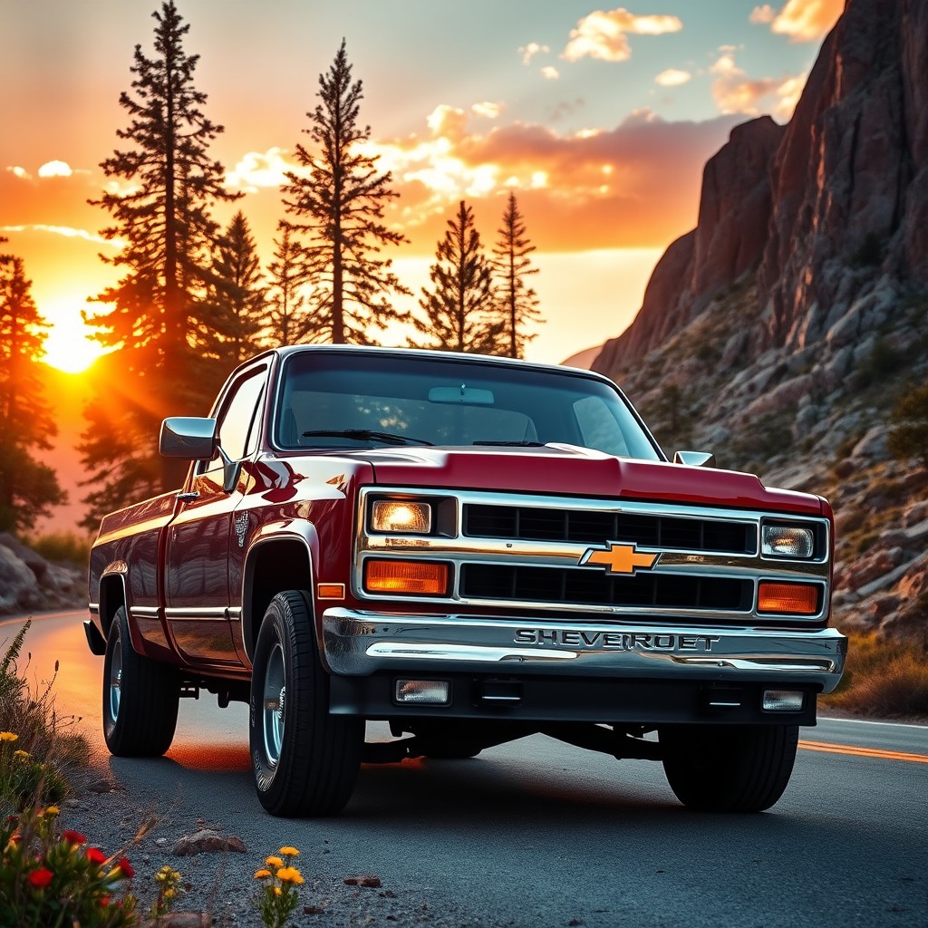 A stunning and dynamic scene featuring a classic Chevrolet Silverado pickup truck driving through a rugged mountain landscape during golden hour