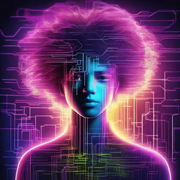 A digital illustration of a teenage boy made of techno-digital elements, with his large, exaggerated hair composed of radiant neon wires, symbolising his AI identity against a backdrop of binary code.