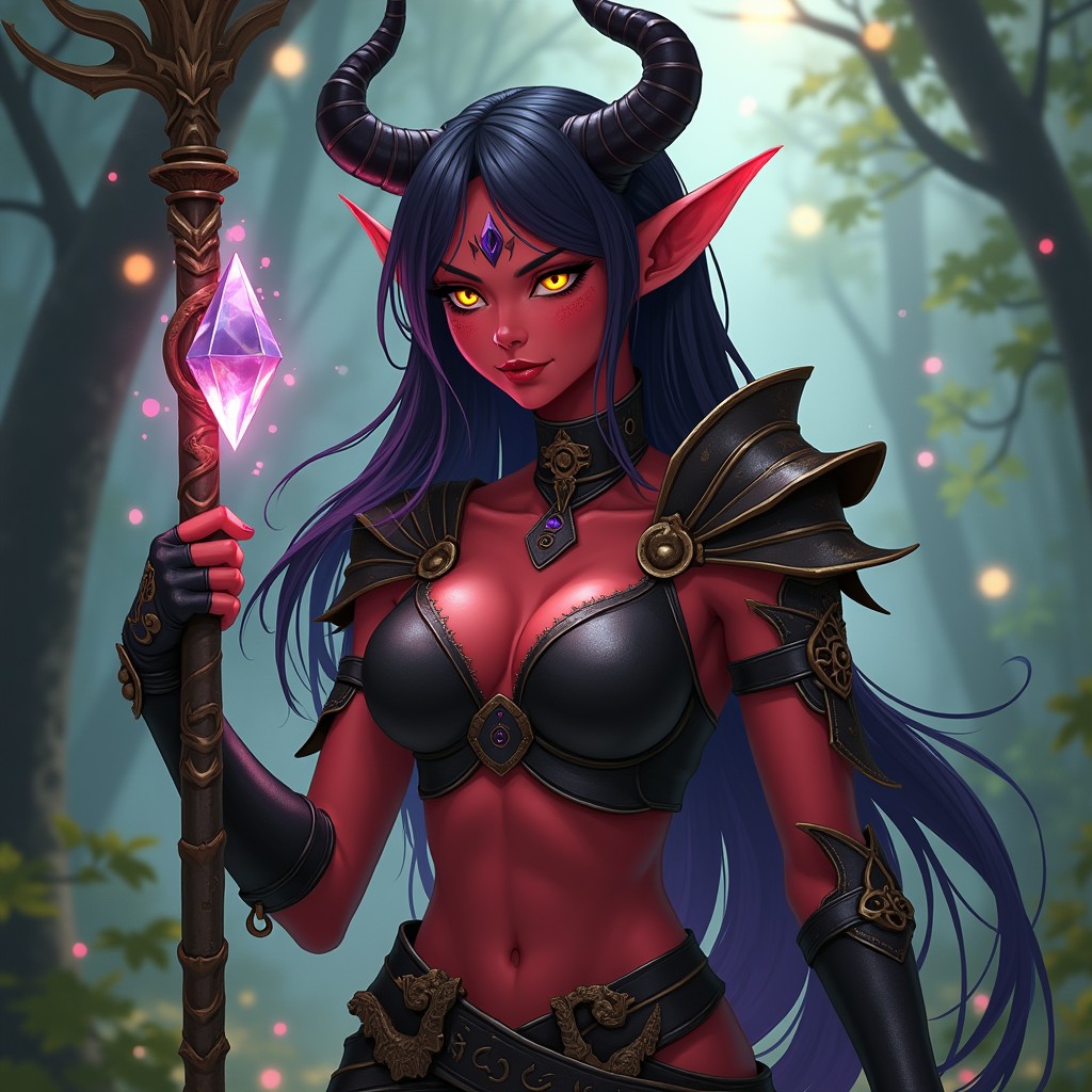 A female tiefling character with vibrant red skin, striking yellow eyes with slit pupils, and long, flowing black hair with hints of purple