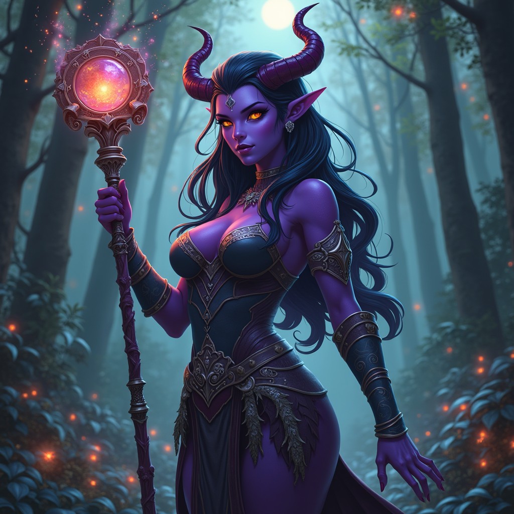 A female tiefling character standing confidently in an enchanting forest