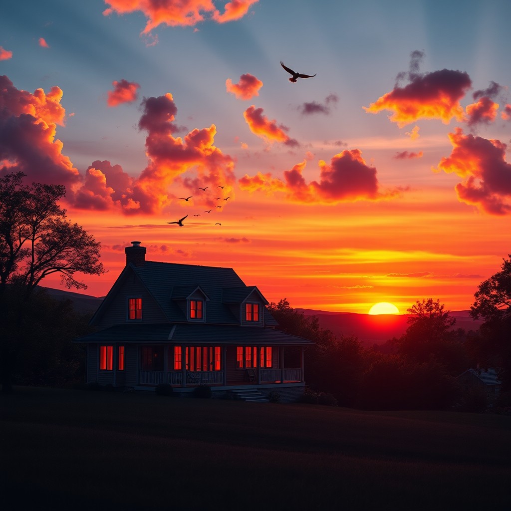 A beautiful house silhouetted against the vibrant colors of a sunset on the western horizon