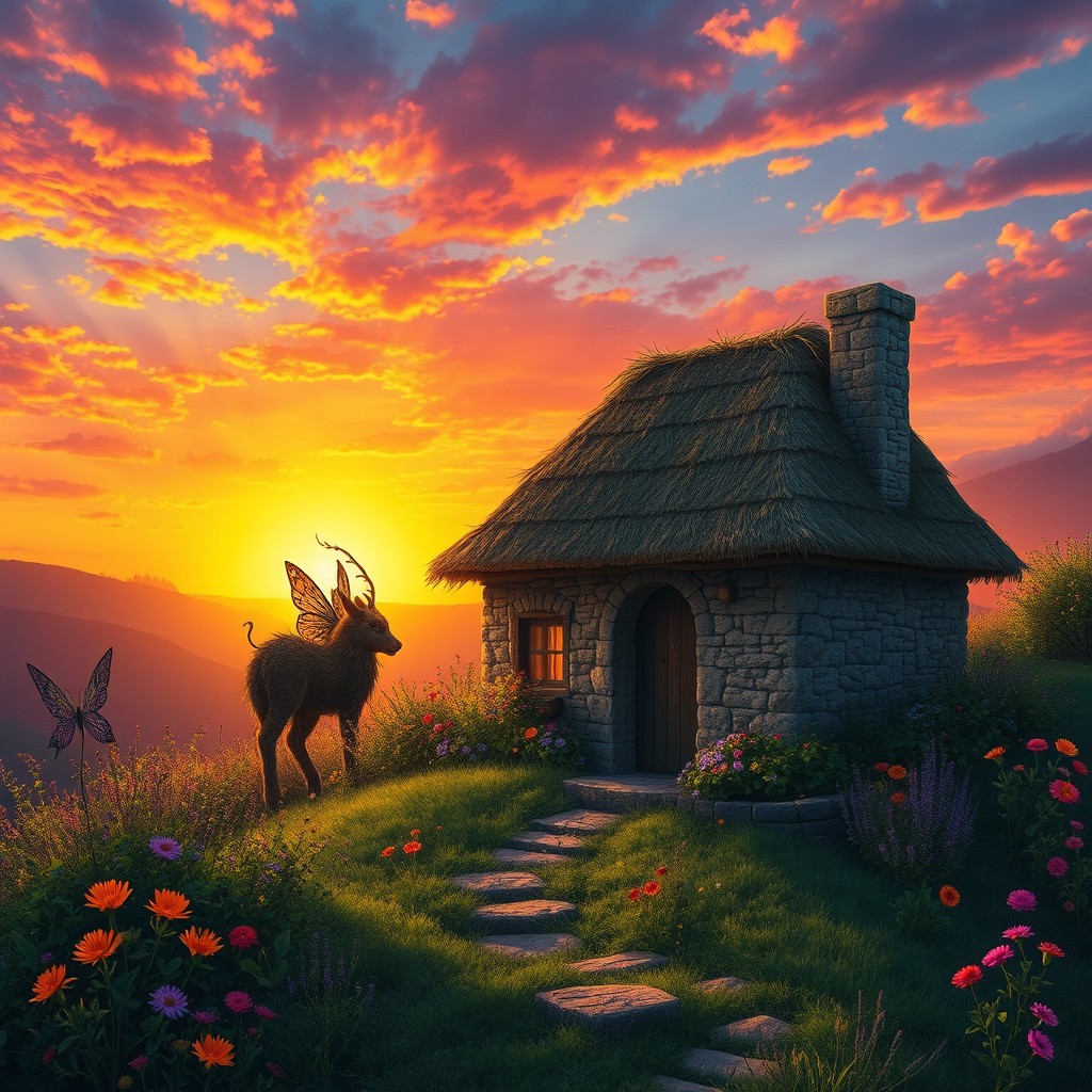 A simple stone house on the western horizon, inspired by a fantasy theme