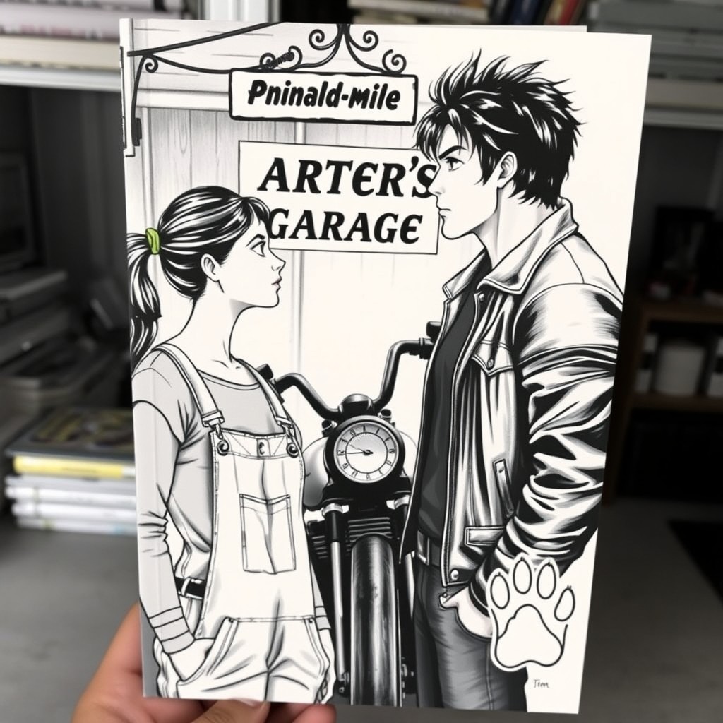 Black and white book cover featuring a backdrop of a garage with a hanging sign reading 'Carter's Garage'