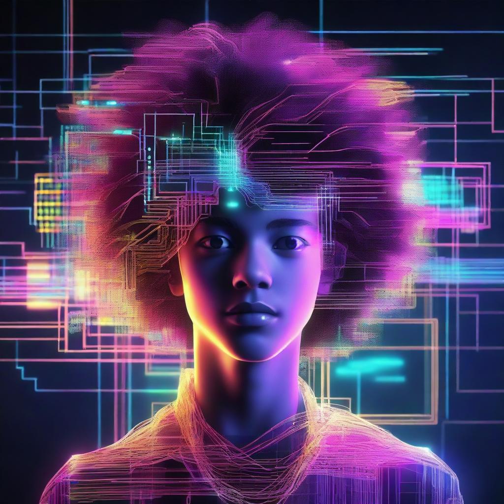 A digital illustration of a teenage boy made of techno-digital elements, with his large, exaggerated hair composed of radiant neon wires, symbolising his AI identity against a backdrop of binary code.