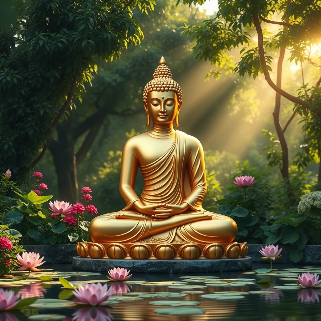 A serene and beautiful representation of a sitting Buddha statue, surrounded by lush green foliage and vibrant flowers