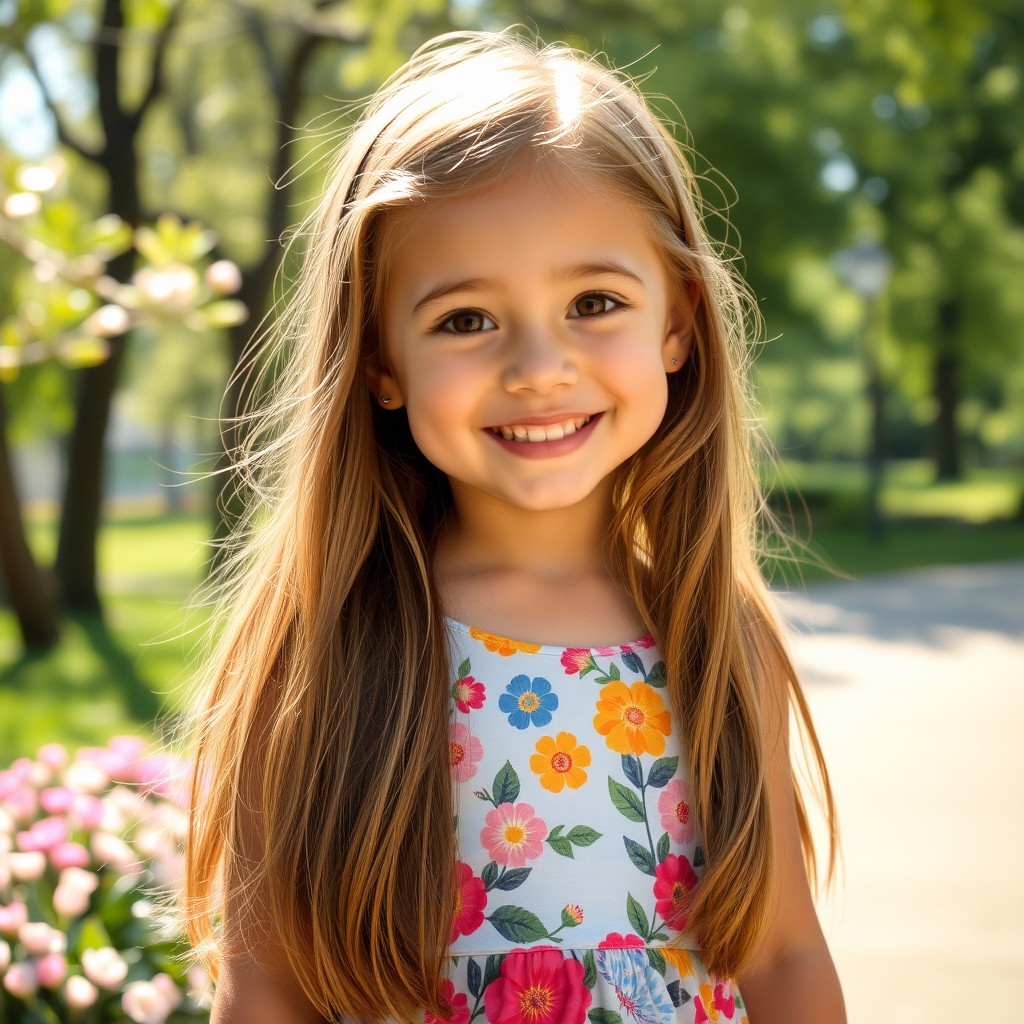 A cute girl with long, flowing hair and bright, expressive eyes, wearing a colorful dress adorned with floral patterns