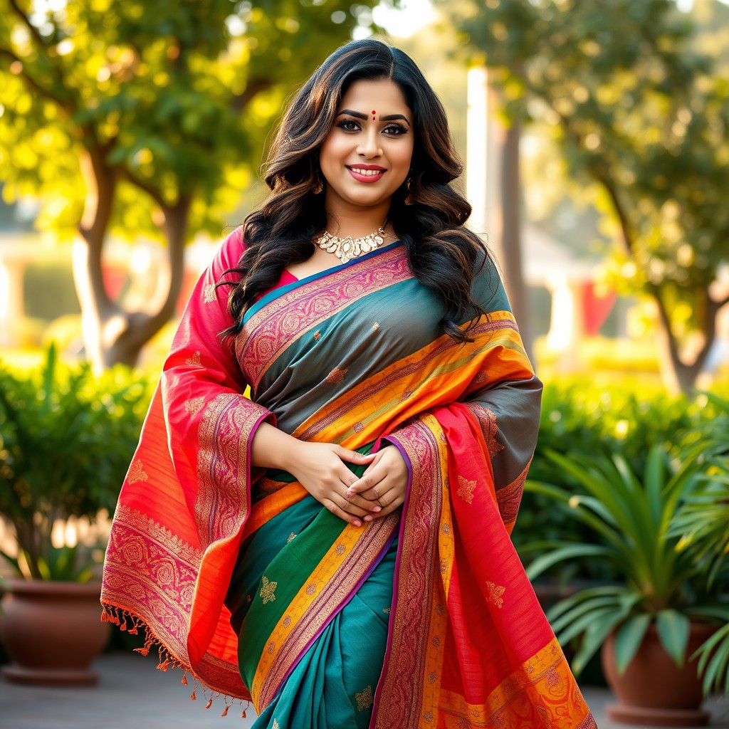 A curvy woman gracefully draped in a colorful saree that beautifully showcases her figure, capturing the elegance and intricacy of traditional Indian attire