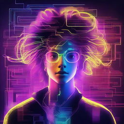 A digital illustration of a teenage boy made of techno-digital elements, with his large, exaggerated hair composed of radiant neon wires, symbolising his AI identity against a backdrop of binary code.