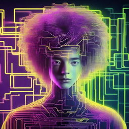 A digital illustration of a teenage boy made of techno-digital elements, with his large, exaggerated hair composed of radiant neon wires, symbolising his AI identity against a backdrop of binary code.