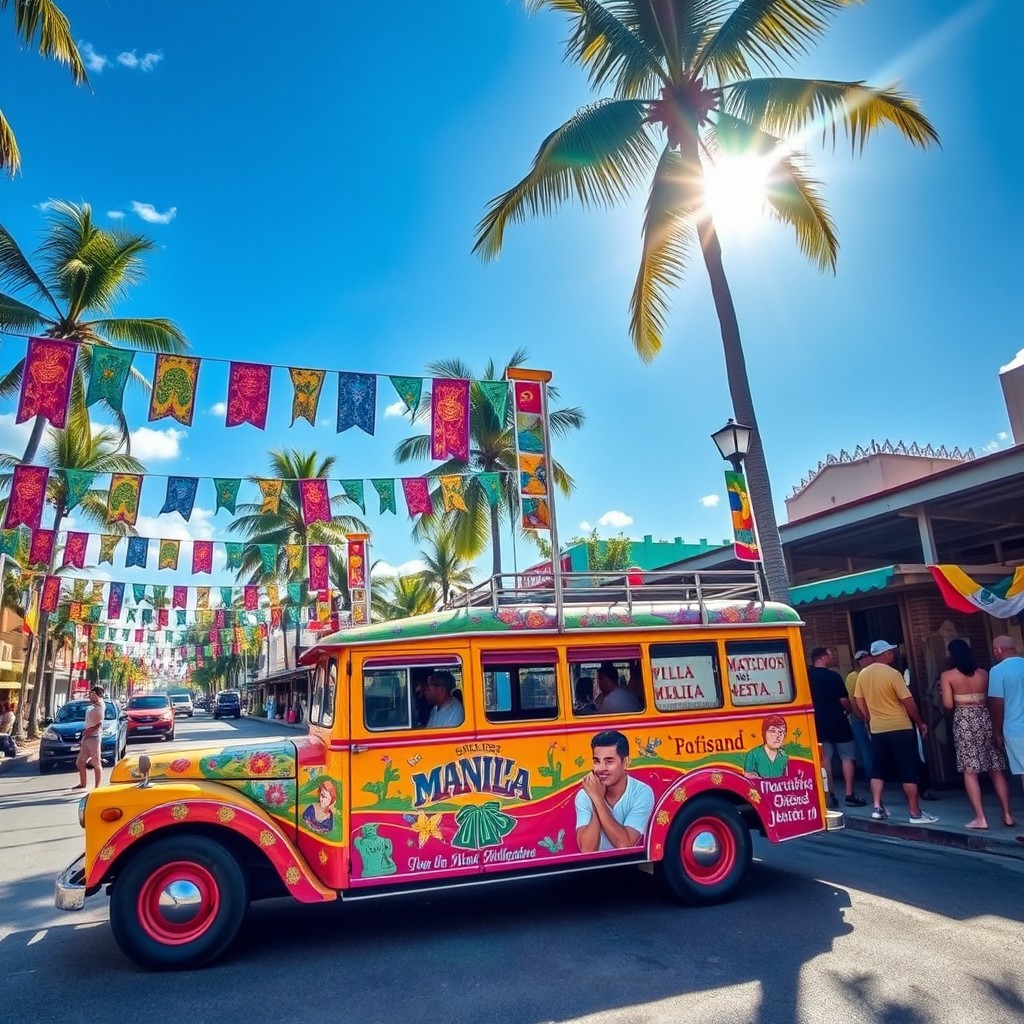 A colorful Manila jeepney, adorned with vibrant artwork and decorations typical of Philippine culture