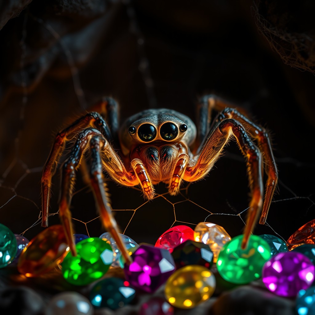 A cave spider with large, glowing eyes, perched on a delicate web that glistens in the dim light