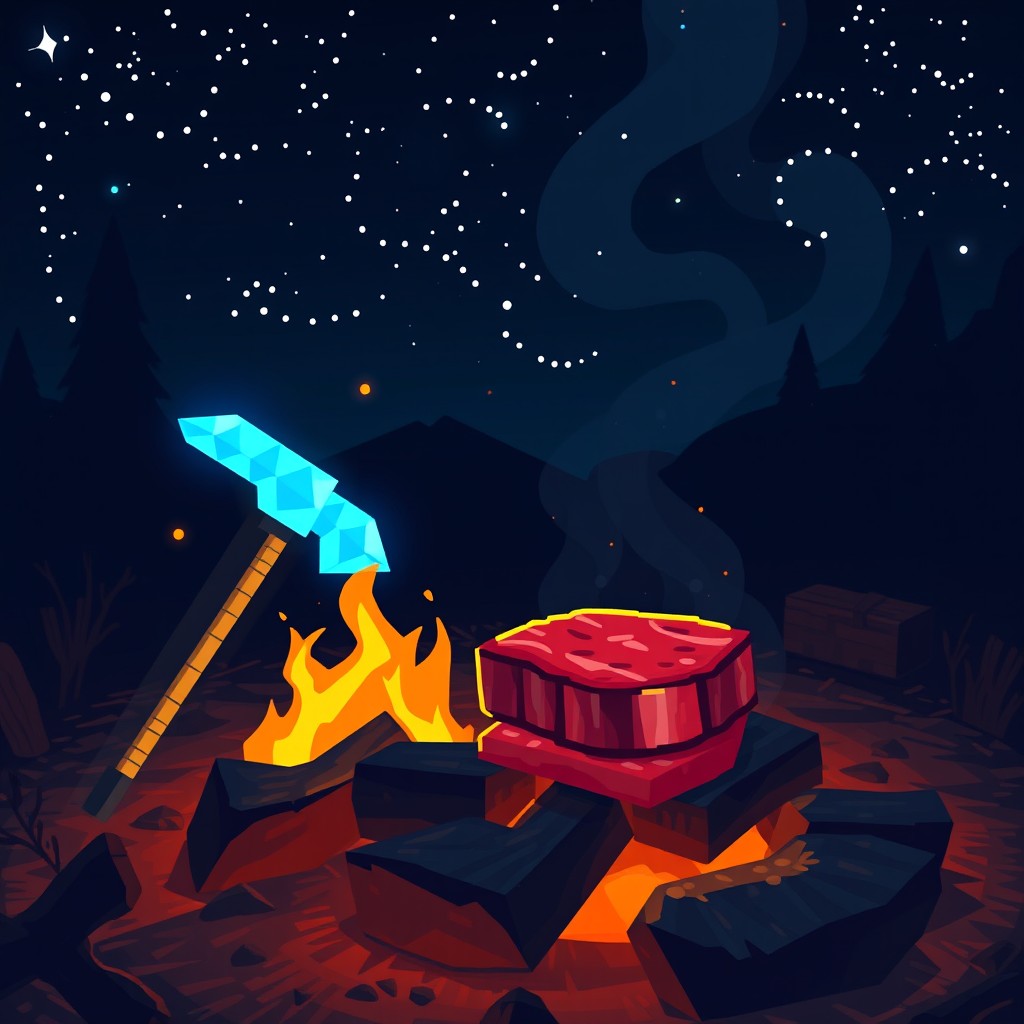 A cozy campfire scene at night, with warm flames dancing against a starry sky