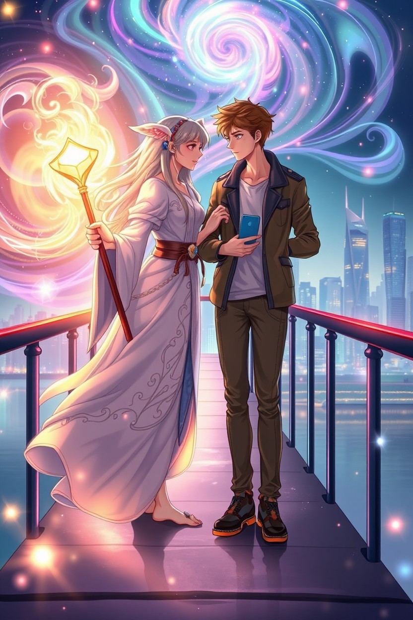 A beautiful and enchanting scene depicting a love story between two beings from different dimensions