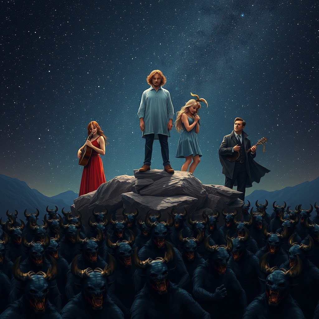 An Ukrainian artist with light brown hair standing on top of a mountain, alongside a red-haired singer, a blonde musician girl, a brunette sculptor, and a dark-haired writer against a backdrop of a starry night sky