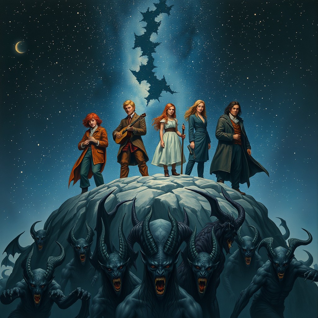 An Ukrainian artist with light brown hair stands on top of a mountain, accompanied by a red-haired singer, a blonde musician girl, a brunette sculptor, and a dark-haired writer, all set against a captivating night sky filled with stars