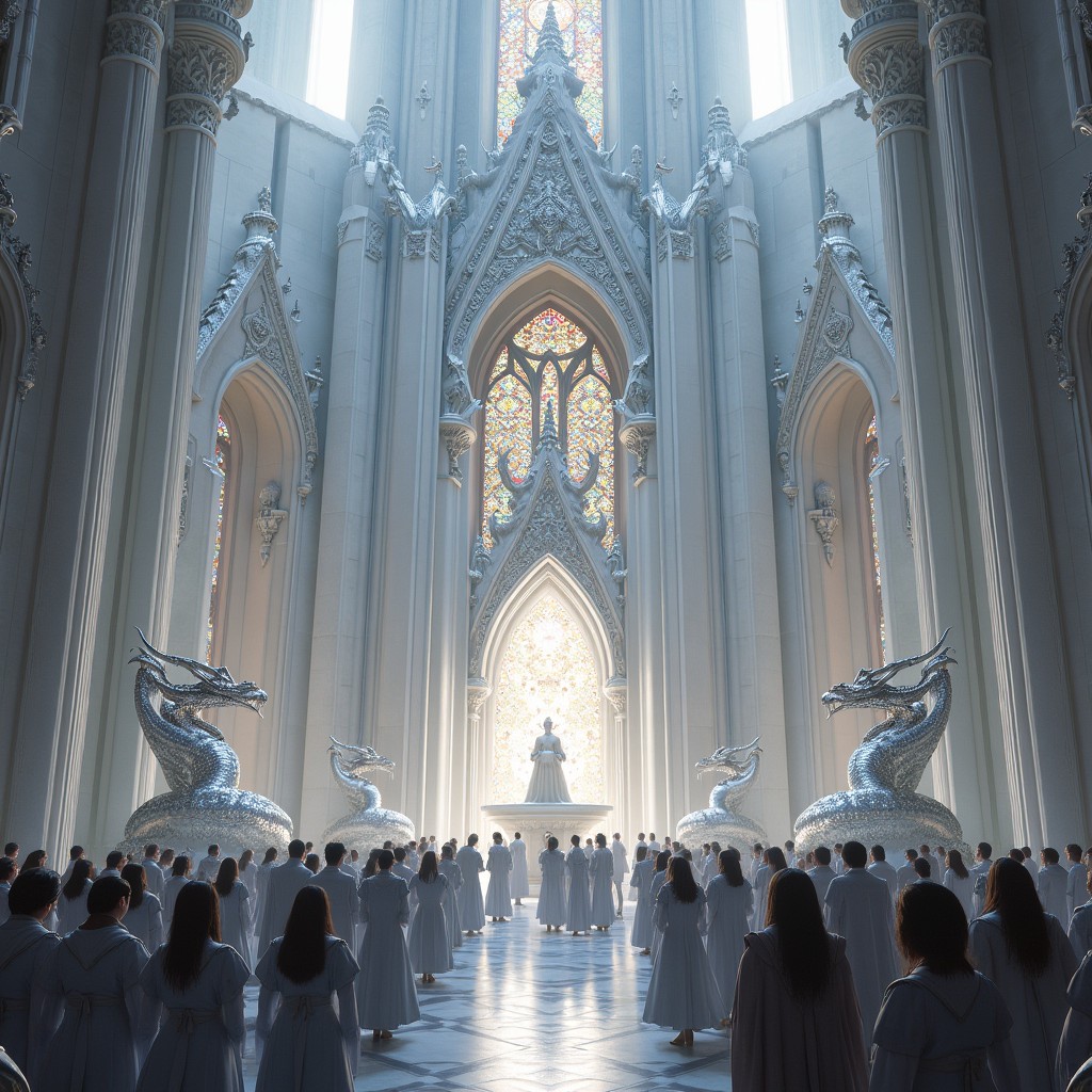 Bahamut's Platinum Sanctuary, a majestic temple embodying justice, honor, and unwavering virtue, constructed of gleaming white stone intricately adorned with silver filigree