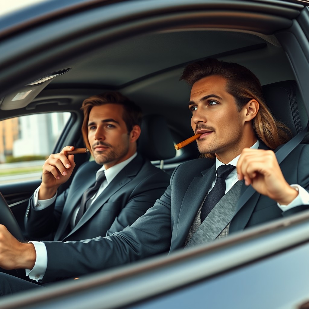 A well-groomed businessman smoking a cigar while driving a black car, accompanied by a beautiful woman sitting beside him