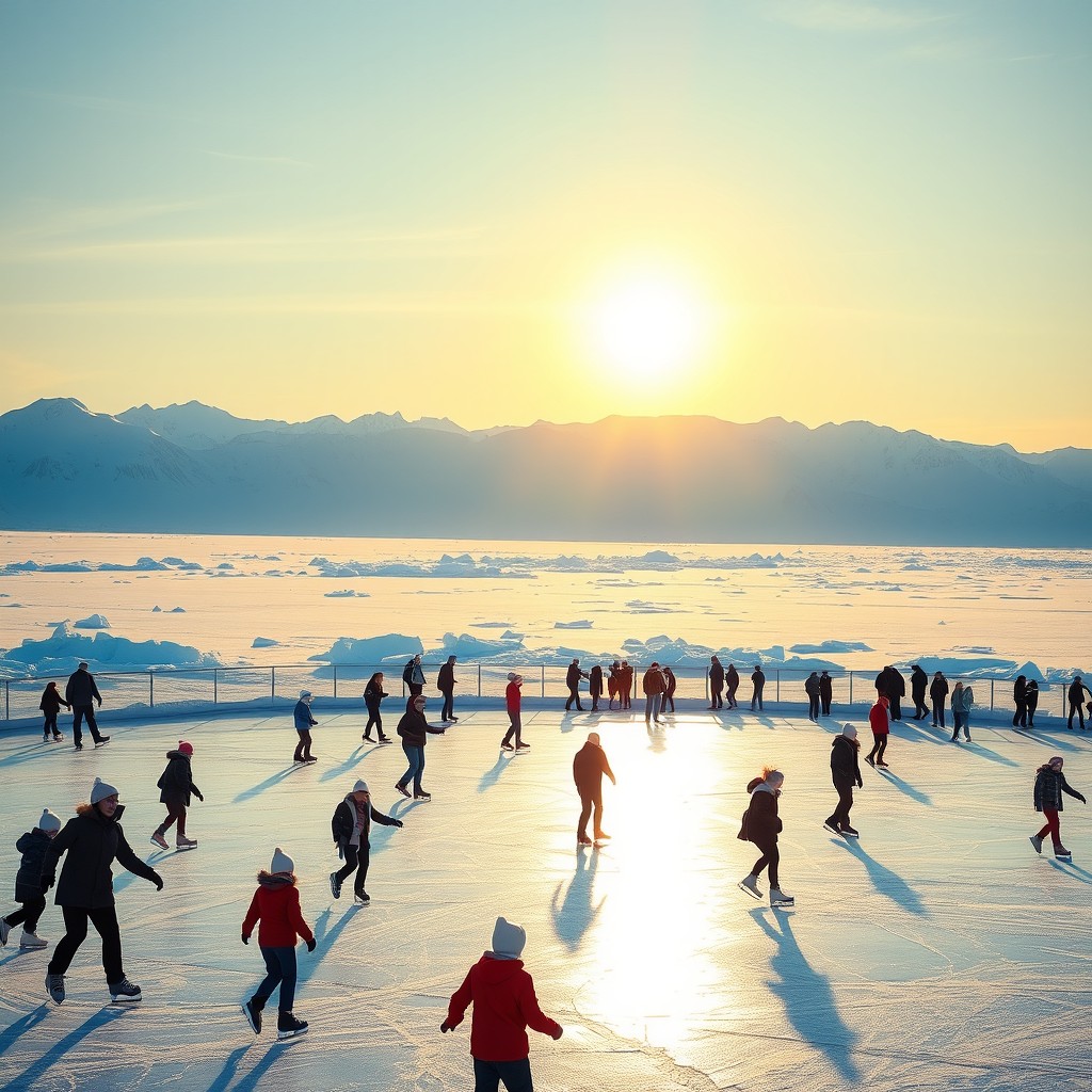 A spectacular ice skating rink at the North Pole, featuring a vast, glowing sun on the horizon casting a warm, golden light over the icy landscape