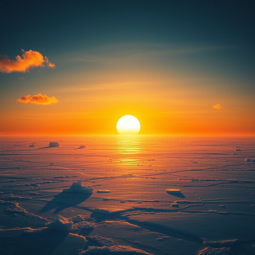 A scene depicting a vast ice carpet at the North Pole, featuring a gigantic sun rising on the horizon
