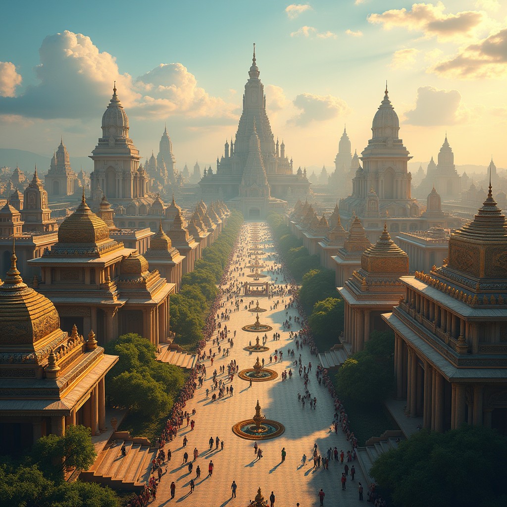 A breathtaking aerial view of Solara, known as the Sunlit City of Temples, where multiple grand temples rise majestically against a backdrop of azure skies and golden rays of sunlight