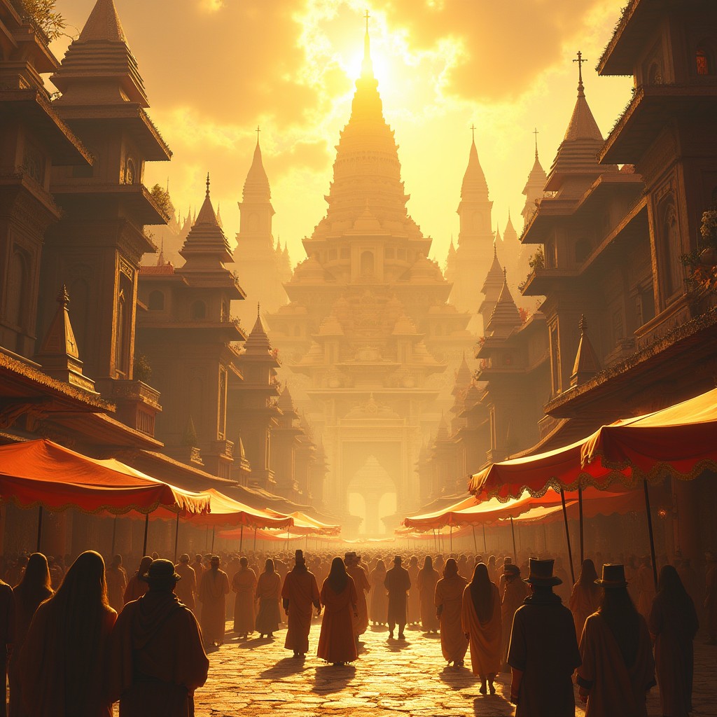 The Sunlit City of Solara, a magnificent urban landscape in the realm of Vreveadran, showcasing radiant architecture and bustling streets