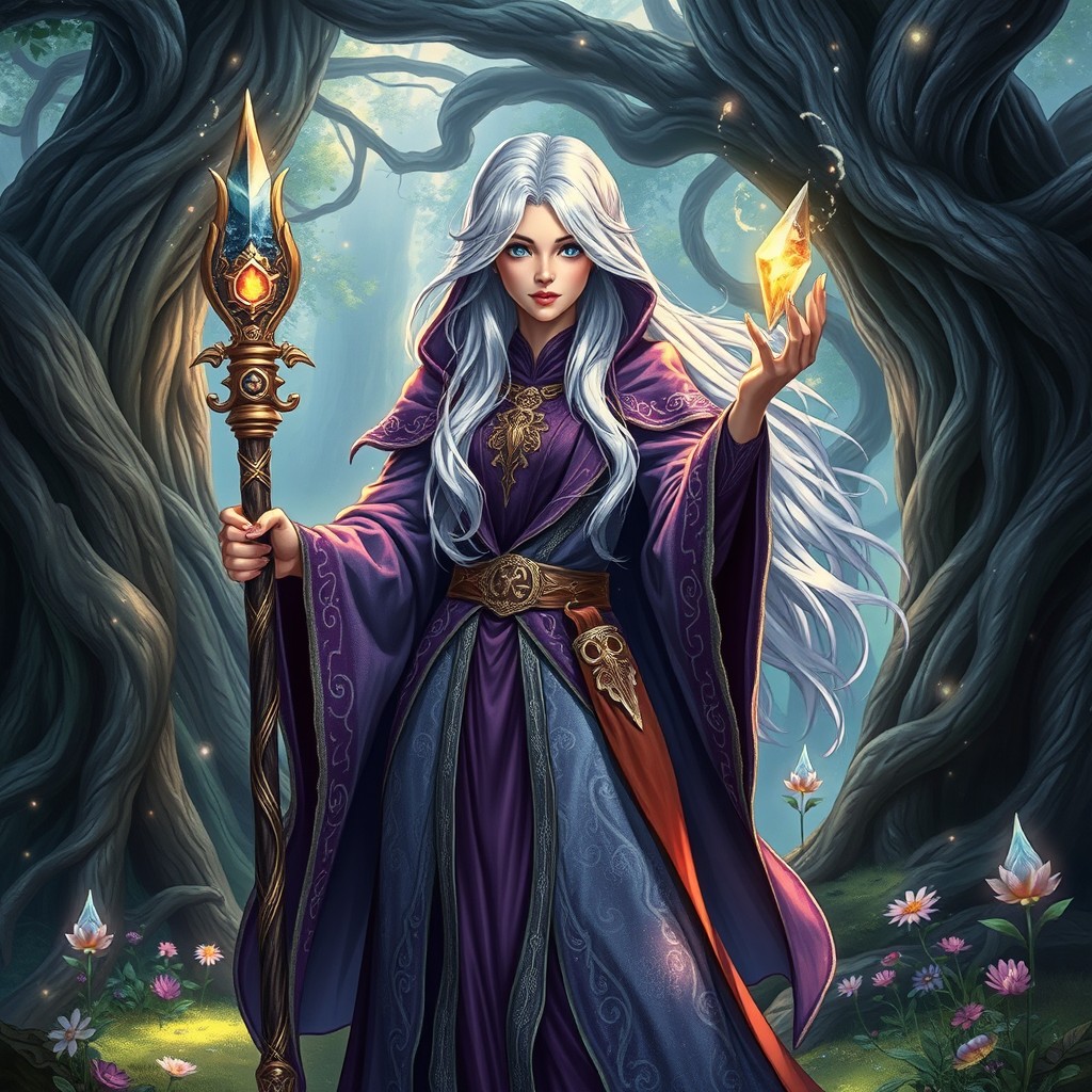 A female RPG mage hero, standing confidently in a mystical forest, adorned in intricate, flowing robes made of deep purple and silver fabrics that glimmer with magical runes
